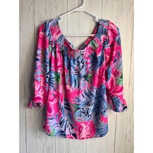 Lilly Pulitzer Pink Blue Floral Smocked Off The Shoulder Tie Sleeve Top Small